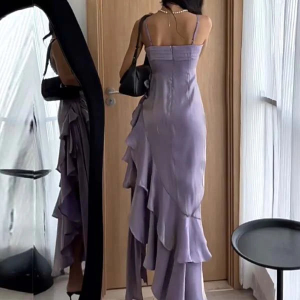 Luolandi Vintage Spaghetti Straps Floral Asymmetrical Hem Long Prom Dress Charming Evening Party Dress